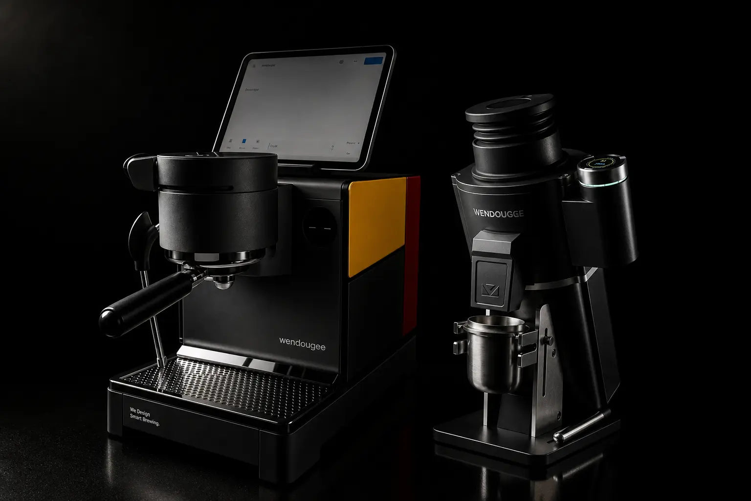 Wendougee LITA SIGMA and MILO coffee machine and grinder on a black background